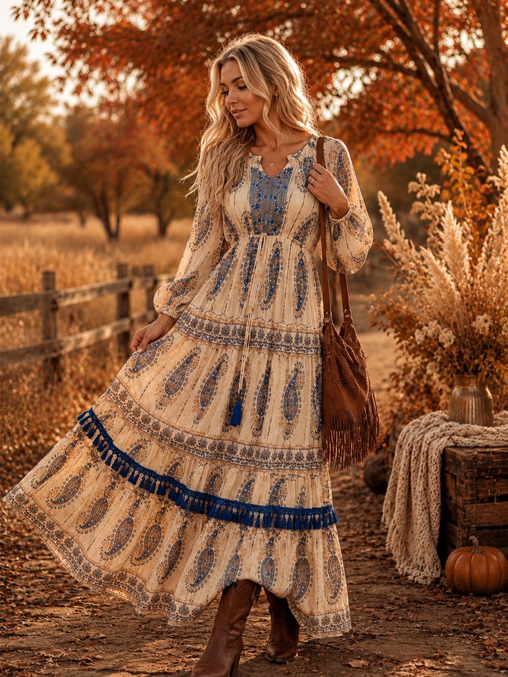 Off-Shoulder White Maxi Dress with Blue Paisley Print